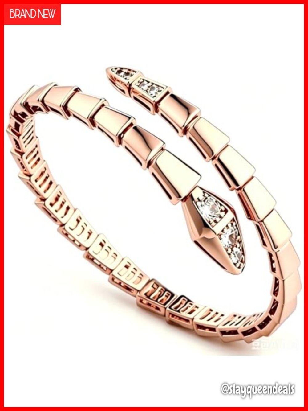 Rose Gold Serpentine Cuff Bracelet with Crystal Accents, Adjustable Snake Chain